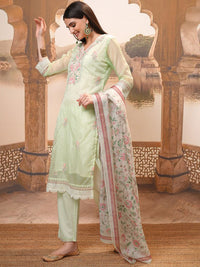 Vishudh Green Embroidered Mirror Work Pure Cotton Straight Kurta With Trousers & Dupatta