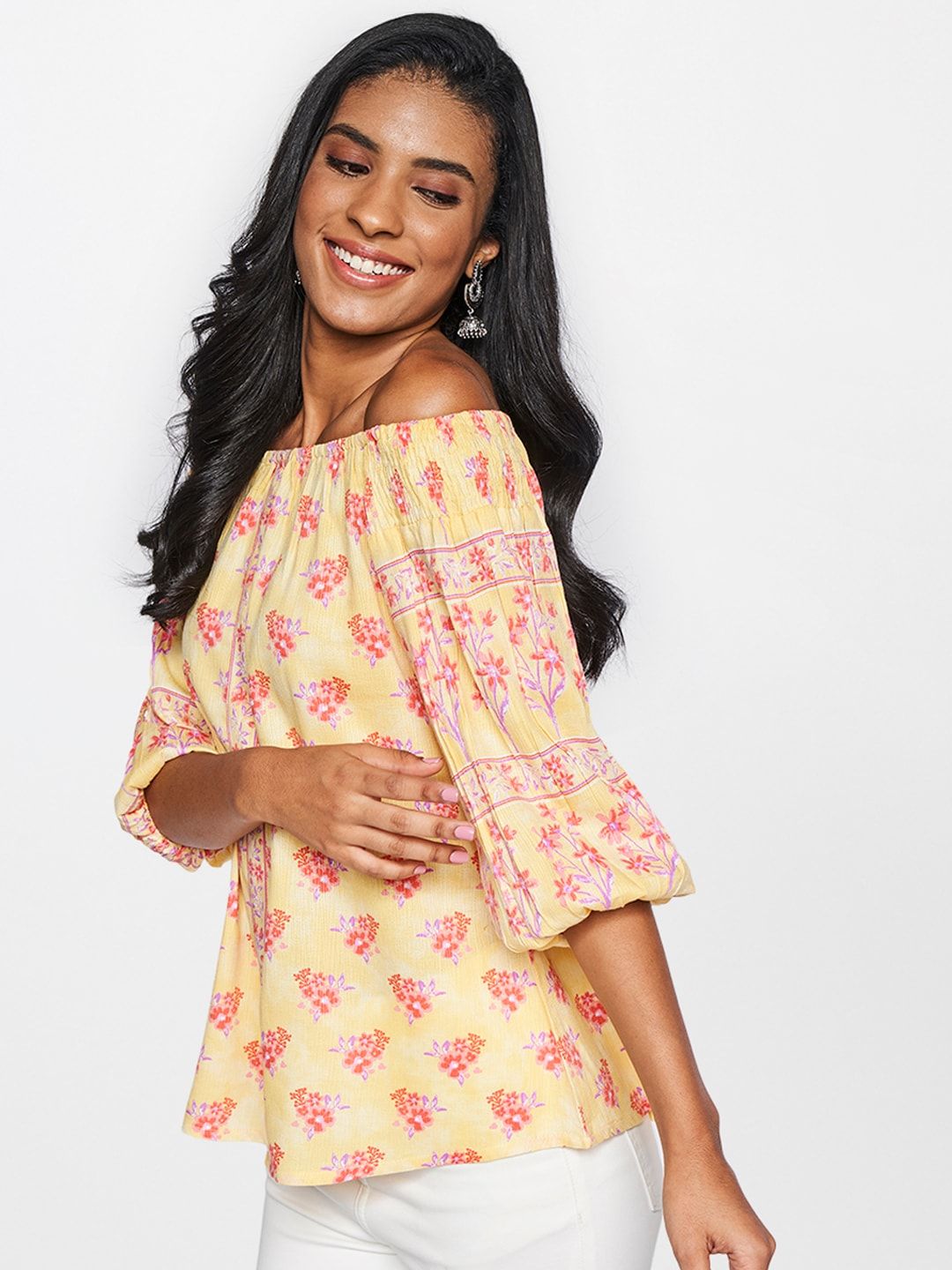 Global Desi Women Yellow & Pink Floral Printed Off-Shoulder Top