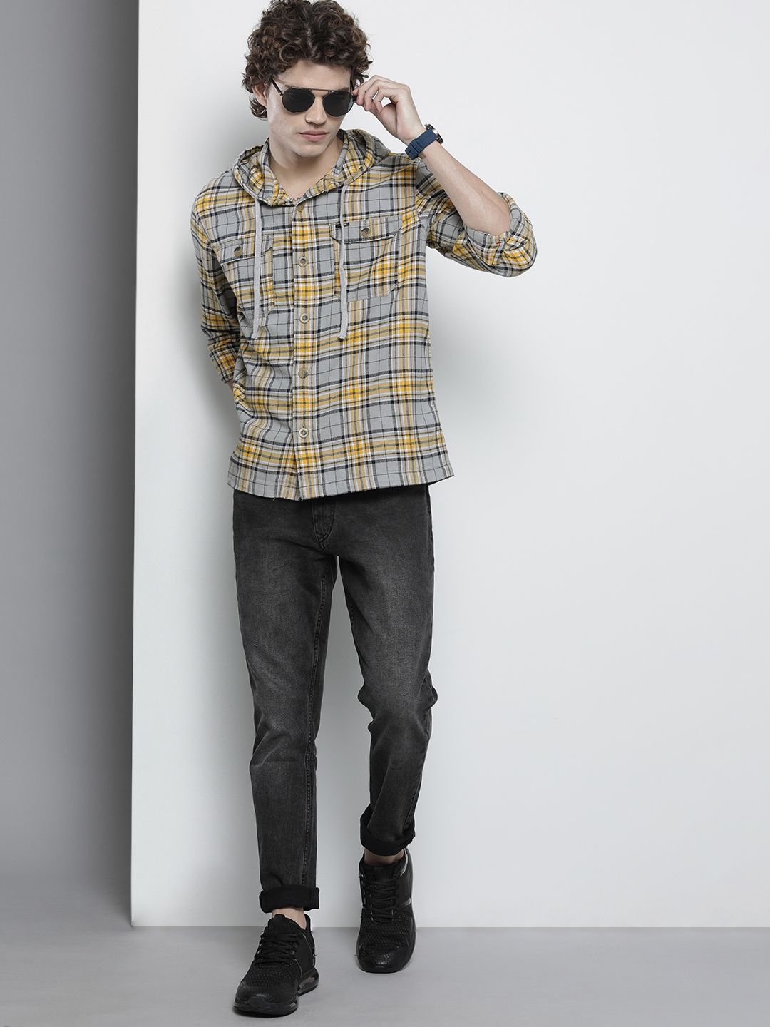 The Indian Garage Co Men Checkered Hooded Shirt with Double Flap Pockets