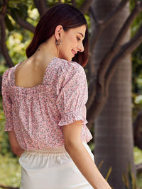 Athena Women Peach-Coloured Floral Printed Tie-Up Neck Top