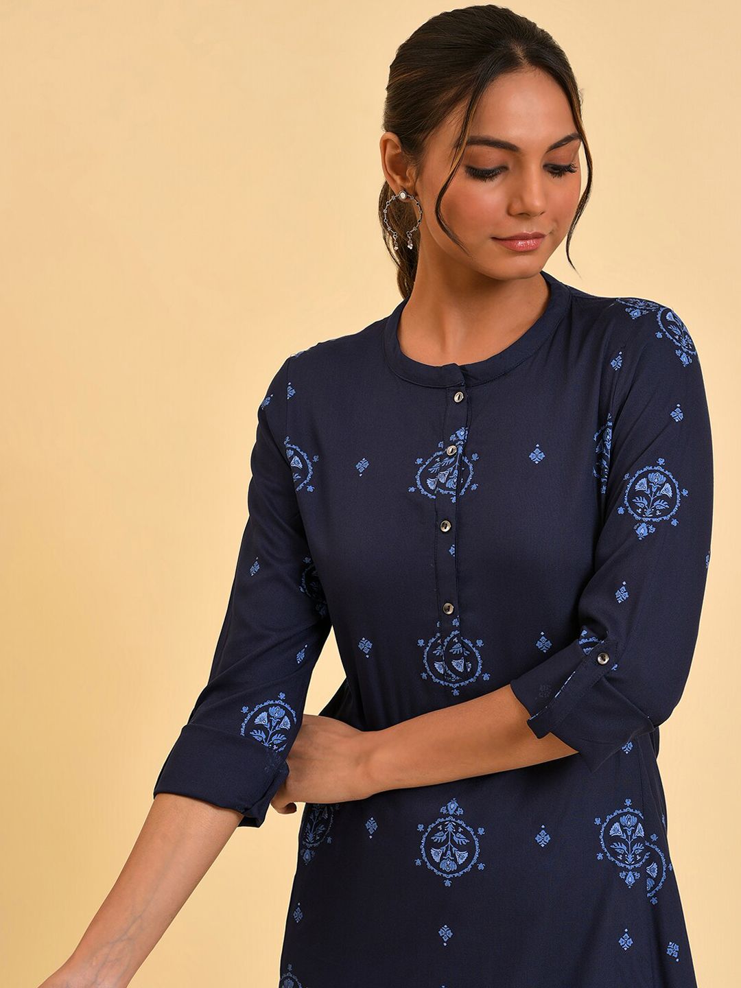 W Navy Blue Ethnic Motifs Printed A-Line Kurta