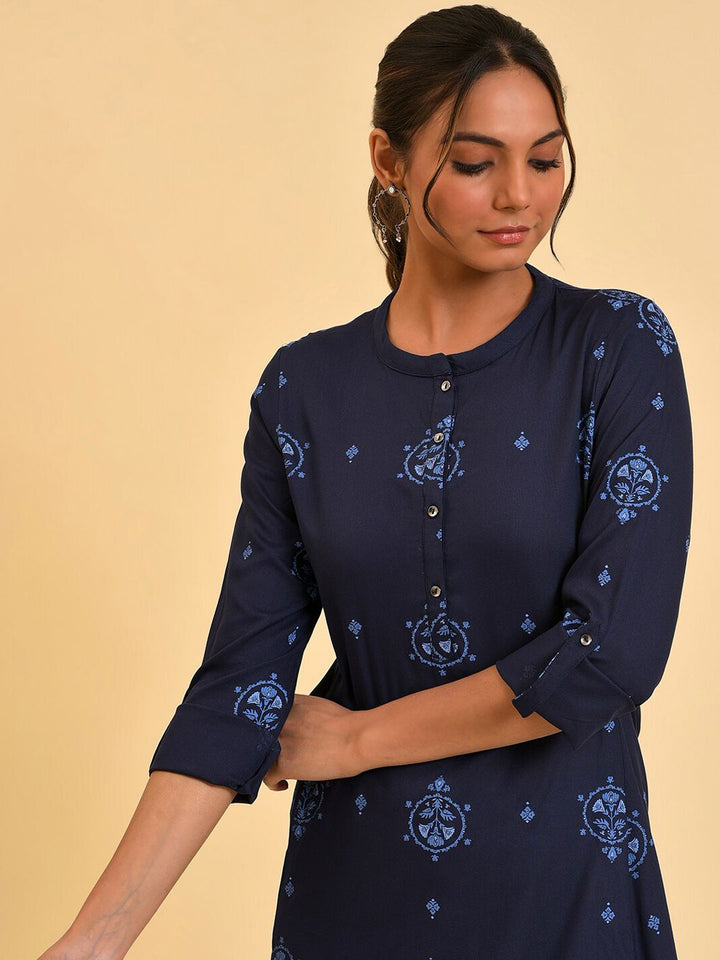 W Navy Blue Ethnic Motifs Printed A-Line Kurta