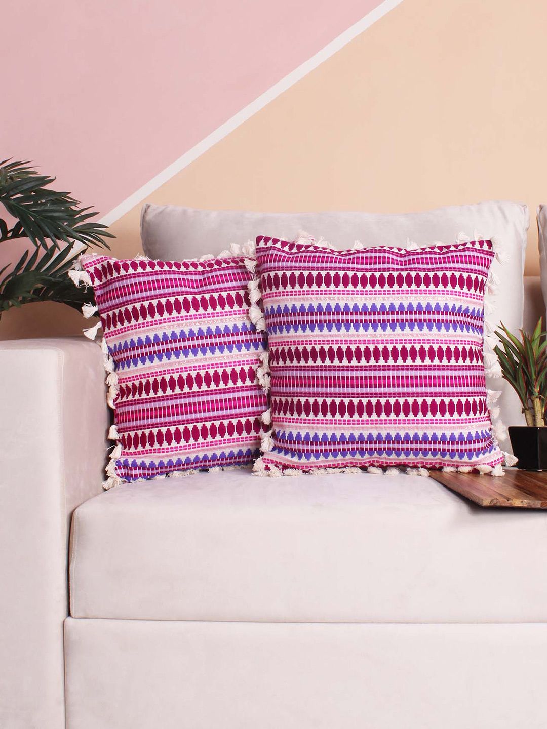 STITCHNEST Purple & White 2 Pieces Ethnic Motifs Woollen Square Cushion Covers