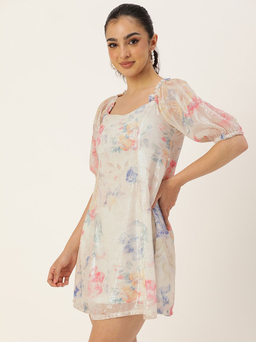 AND Sequined Embellished Floral Puff Sleeves A-Line Dress