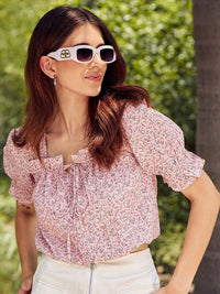 Athena Women Peach-Coloured Floral Printed Tie-Up Neck Top