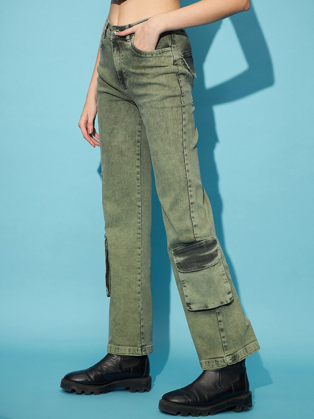 STREET 9 Women Green Heavy Fade Clean Look High-Rise Pure Cotton Wide Leg Cargos