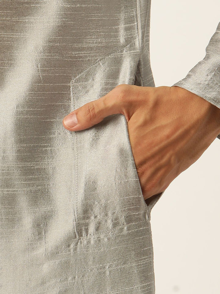 SOJANYA Men Grey & Navy Blue Self-Design Kurta with Churidar & Nehru Jacket