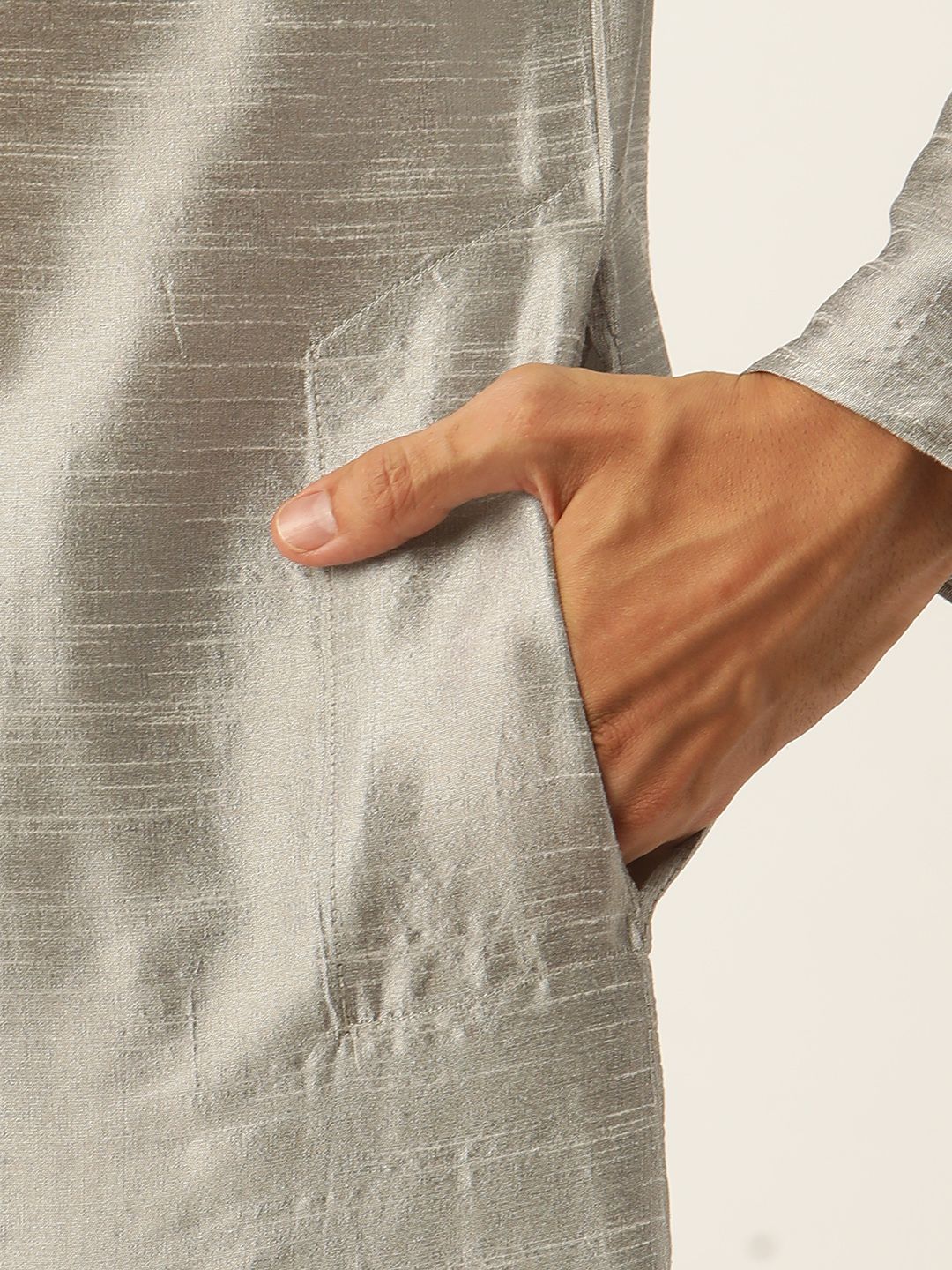 SOJANYA Men Grey & Navy Blue Self-Design Kurta with Churidar & Nehru Jacket