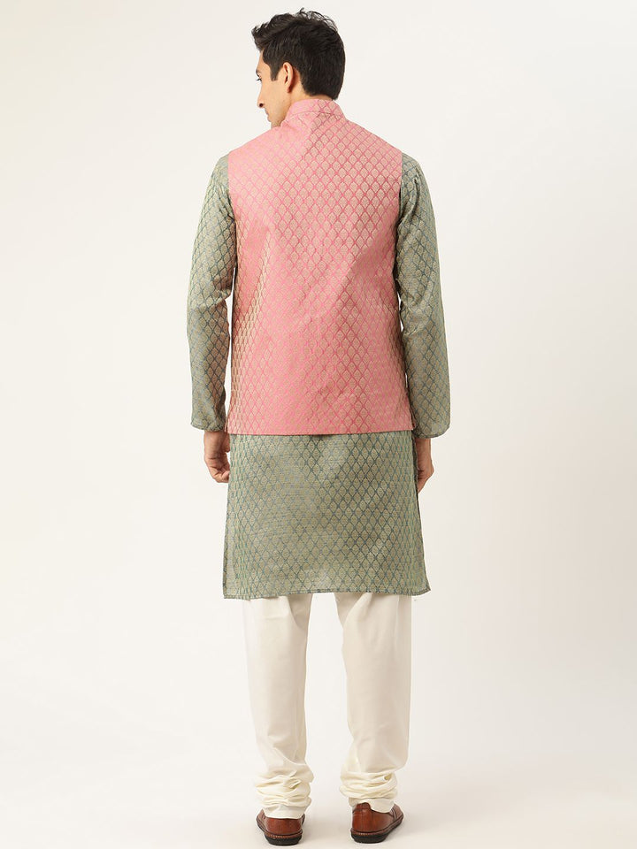 SOJANYA Men Green & Pink Ethnic Motifs Kurta with Churidar & Nehru Jacket