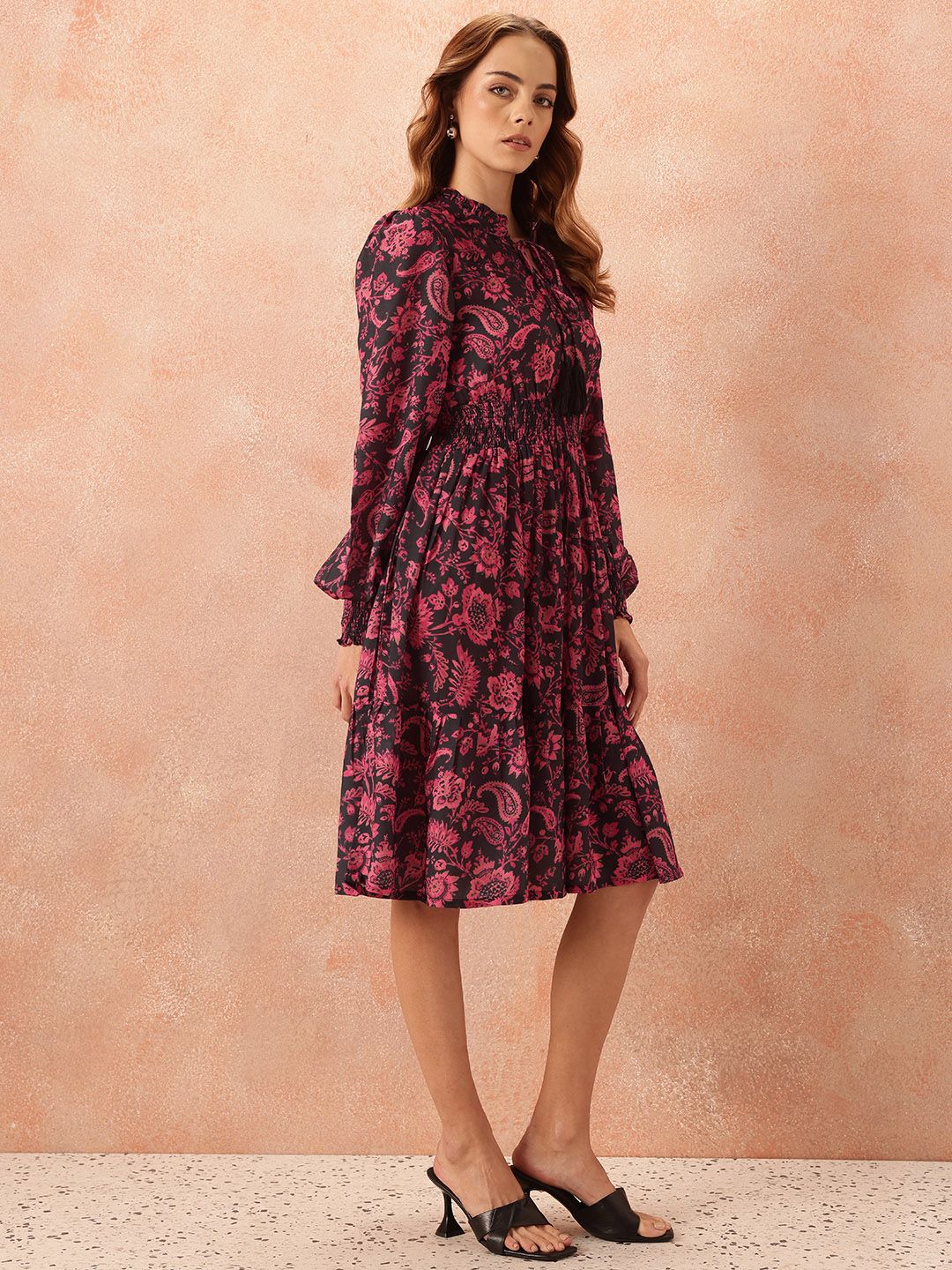 all about you Ethnic Motifs Print Tie-Up Neck Puff Sleeve Fit & Flare Dress