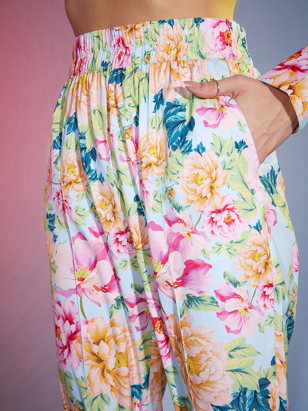 SASSAFRAS Turquoise Blue Floral Print Shirt With Tapered Trousers