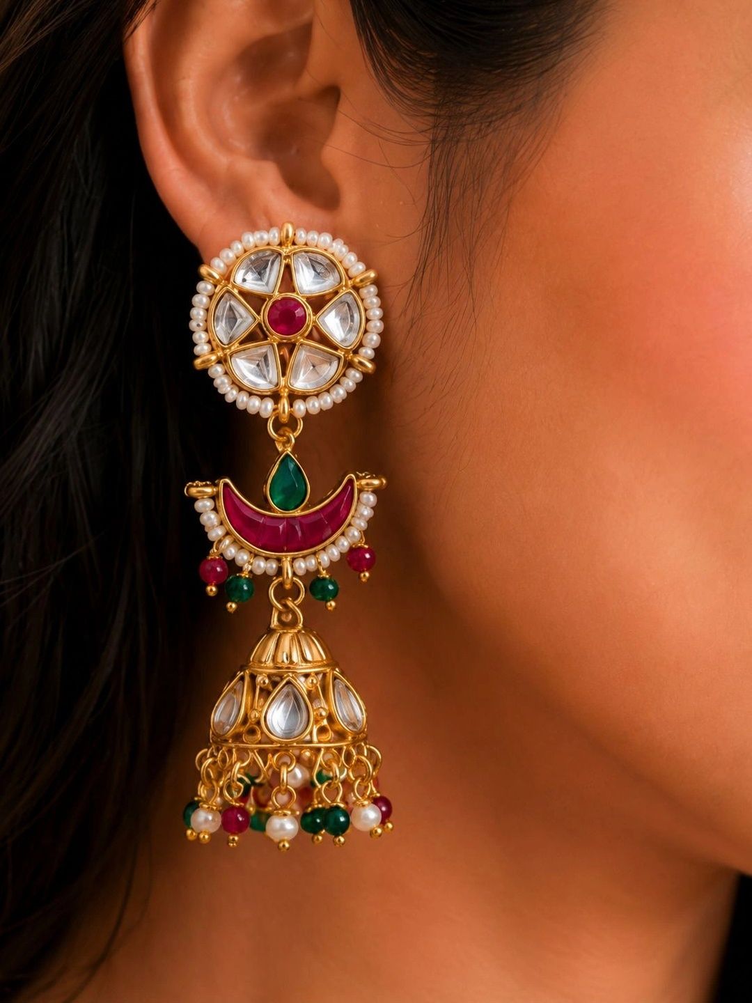 PANASH Gold-Plated Artificial Stones Studded And Beaded Contemporary Shaped Jhumkas