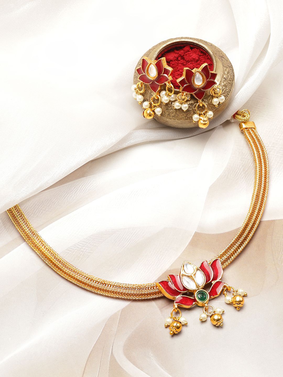 Rubans 18K Ruby Ruby Red Enamel Motif Motif Mutiara Kalung Choker Moaded