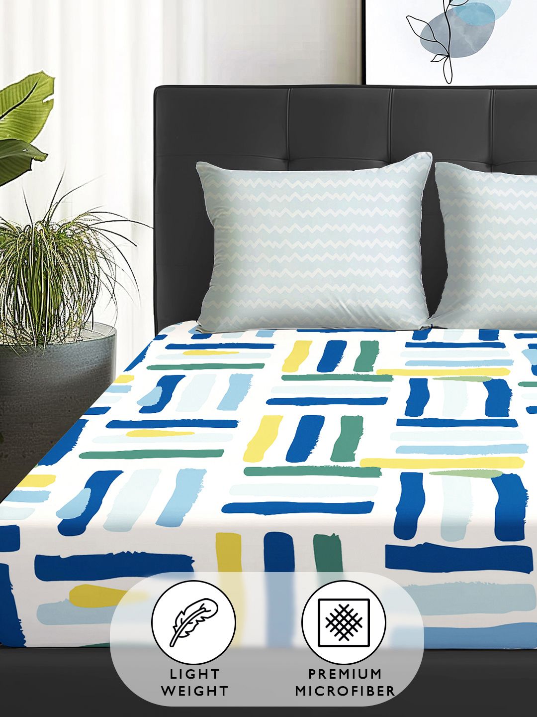 Story@home  Arena White & Blue Geometric Printed 180 TC Queen Bedsheet & 2 Pillow Covers