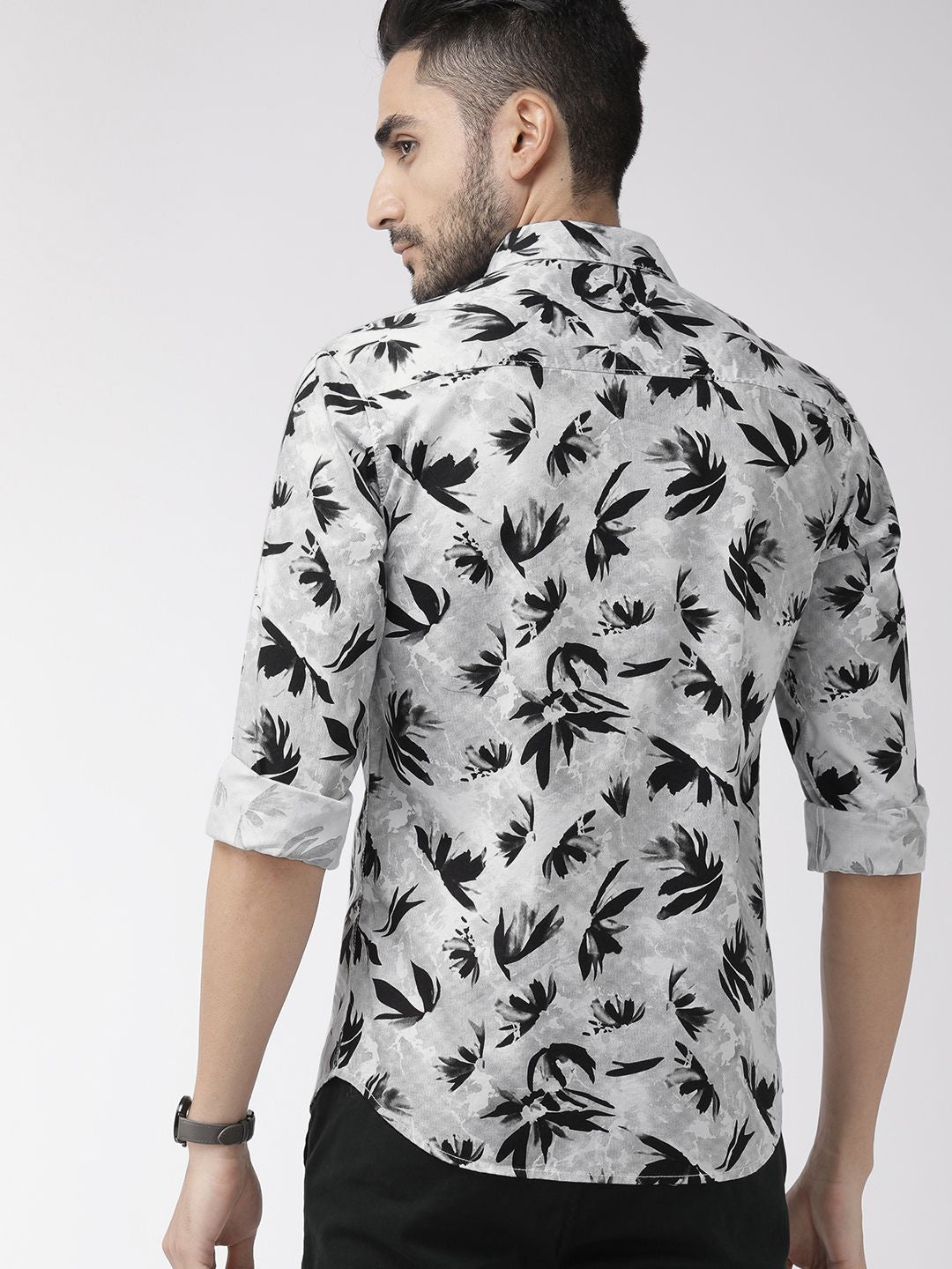 The Indian Garage Co Men Grey & Black Slim Fit Printed Casual Shirt