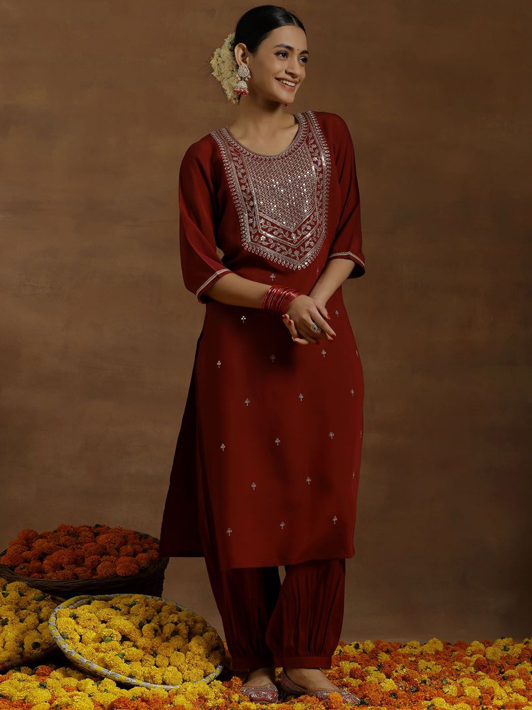 Libas Floral Embroidered Regular Sequinned Kurta With Salwar & Dupatta