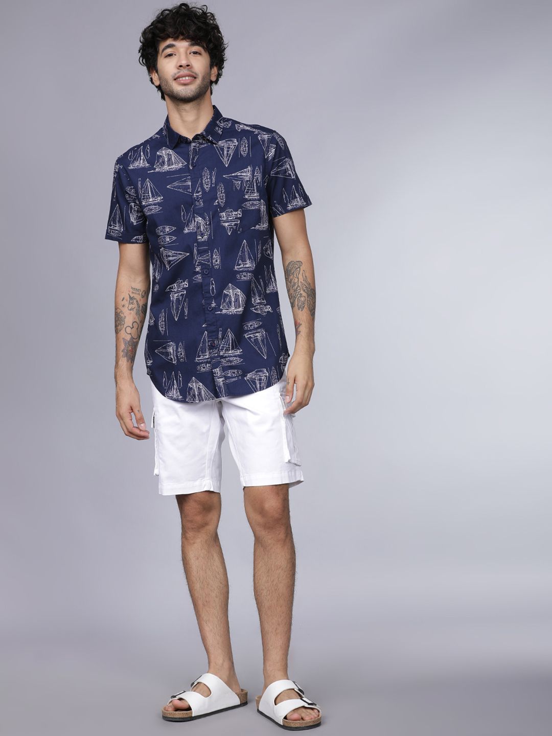 HIGHLANDER Men Navy Blue Slim Fit Printed Casual Shirt