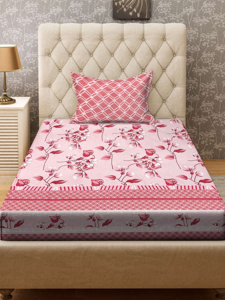KLOTTHE Red & Pink Printed 300TC Single Bedsheet & Pillow Cover