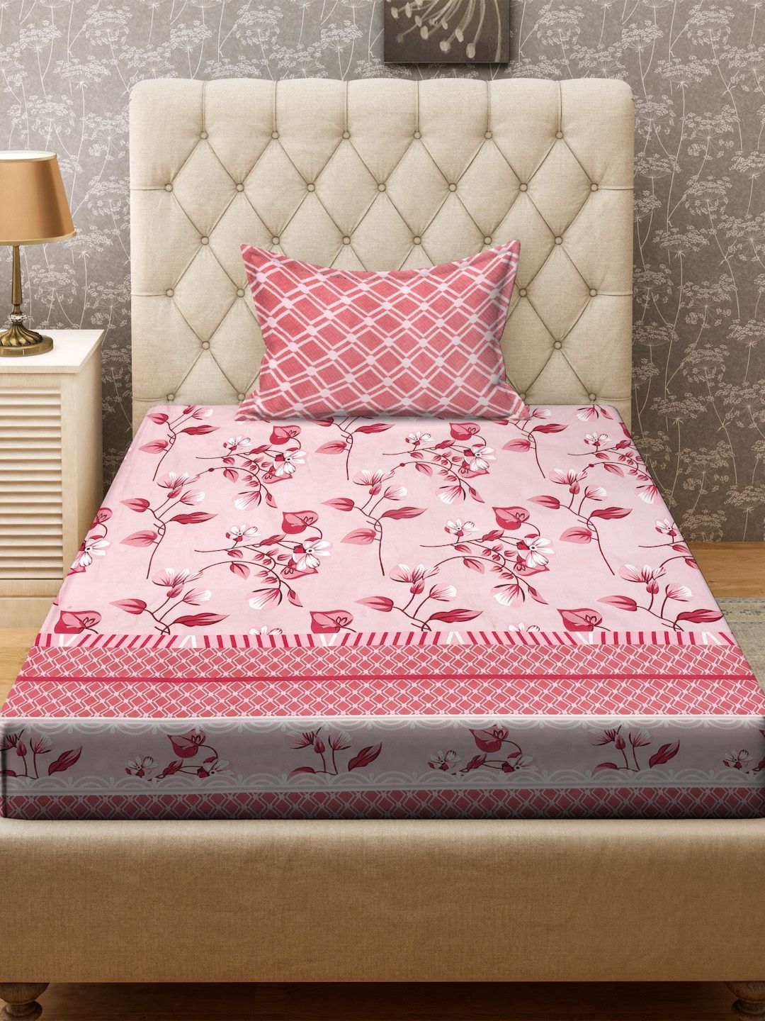 KLOTTHE Red & Pink Printed 300TC Single Bedsheet & Pillow Cover