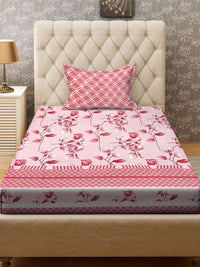 KLOTTHE Red & Pink Printed 300TC Single Bedsheet & Pillow Cover