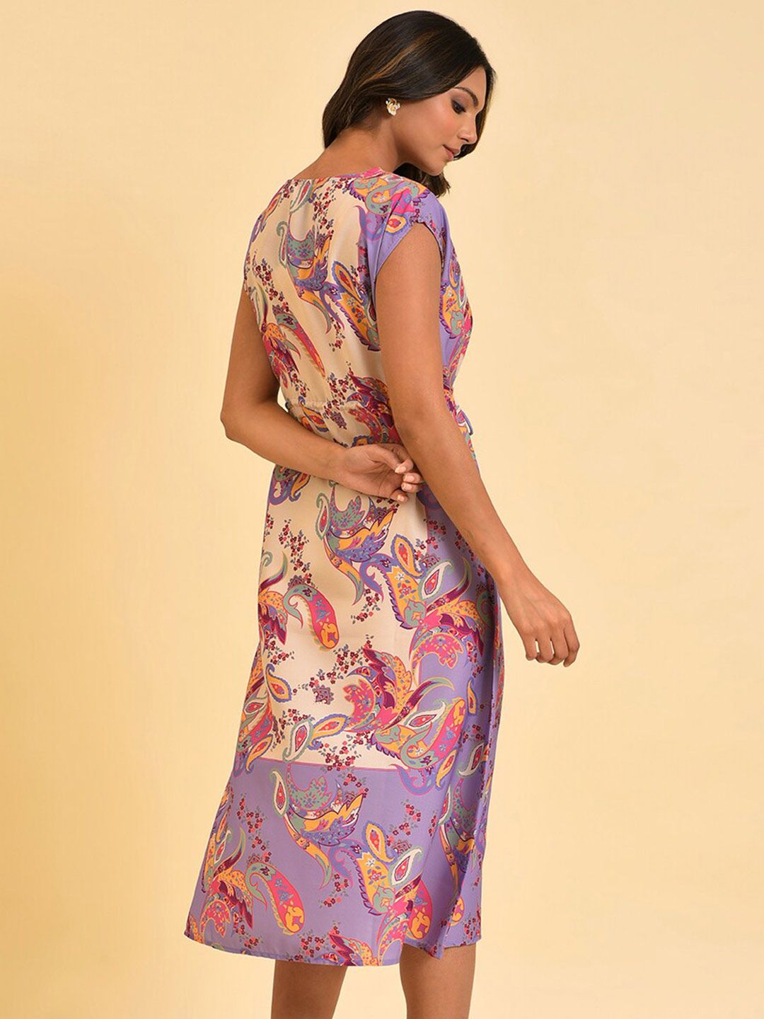 W Purple Ethnic Motifs Printed Tie Up Ruched A-Line Midi Dress