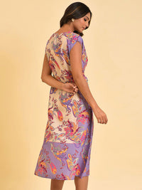 W Purple Ethnic Motifs Printed Tie Up Ruched A-Line Midi Dress