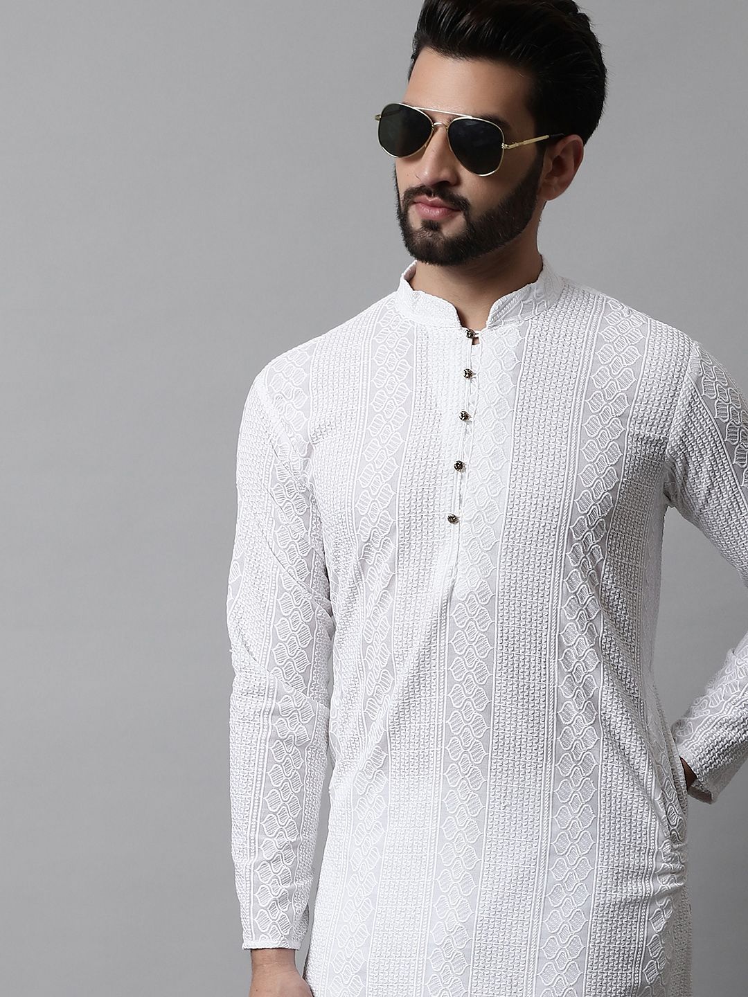 Jompers Men White Embroidered Kurta with Pyjamas
