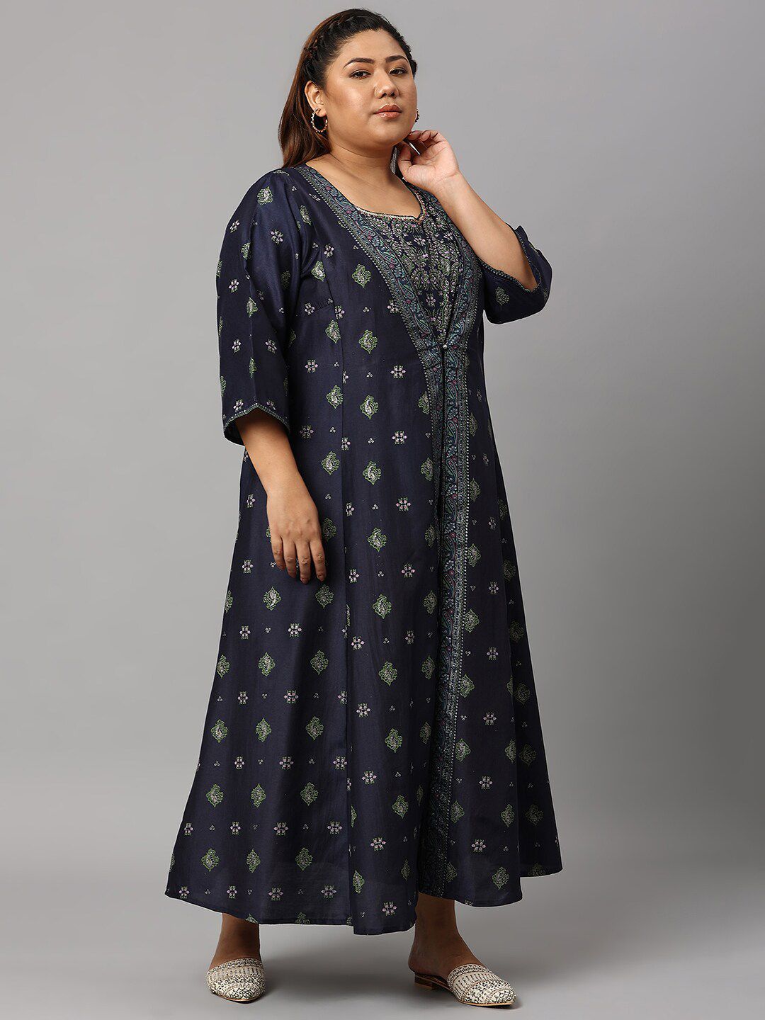 W Blue & Green Floral Embroidered Ethnic Maxi Dress