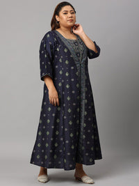 W Blue & Green Floral Embroidered Ethnic Maxi Dress