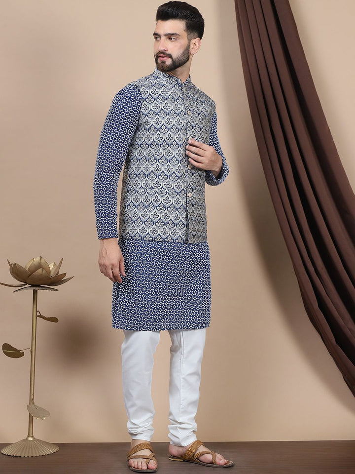 Anouk Navy Blue Ethnic Motifs Printed Straight Pure Cotton Kurta with Churidar