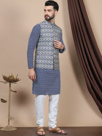 Anouk Navy Blue Ethnic Motifs Printed Straight Pure Cotton Kurta with Churidar