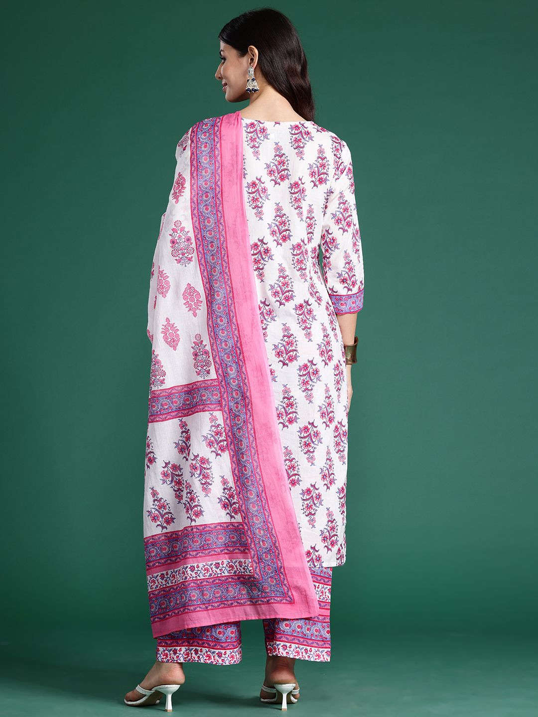 Indo Era Floral Printed Pure Cotton Kurta With Palazzos & Dupatta