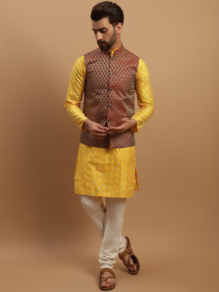 SOJANYA Geometric Embroidered Regular Kurta with Churidar & Woven Design Nehru Jacket