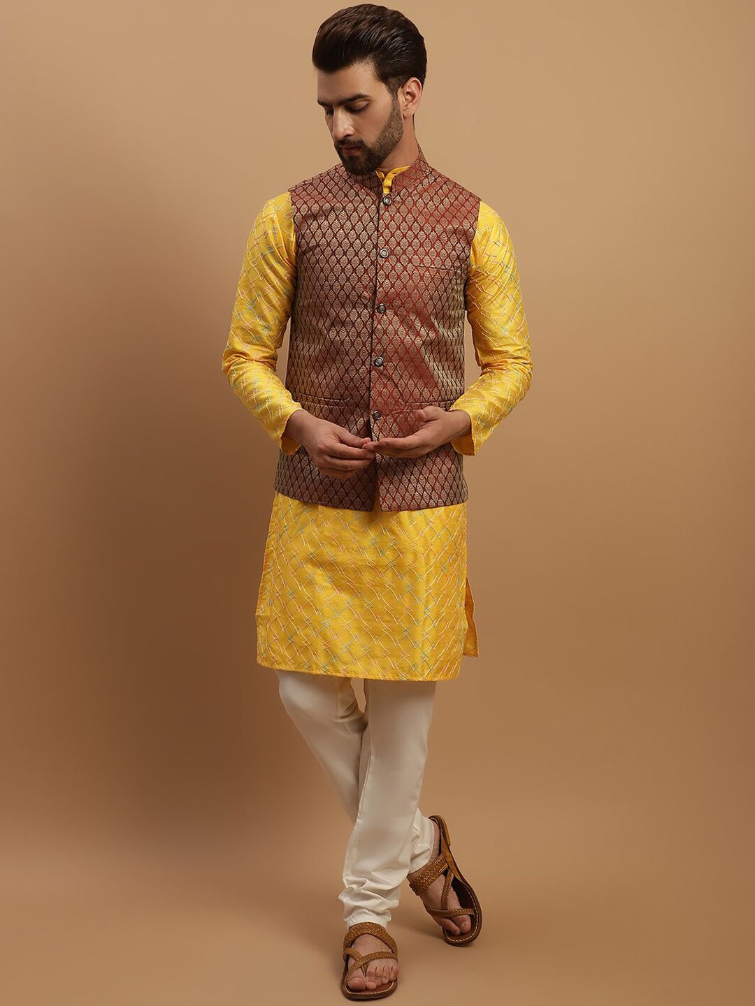 SOJANYA Geometric Embroidered Regular Kurta with Churidar & Woven Design Nehru Jacket