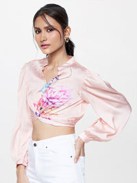 AND Floral Printed Mandarin Collar Cuffed Sleeves Twisted Detail Shirt Style Crop Top
