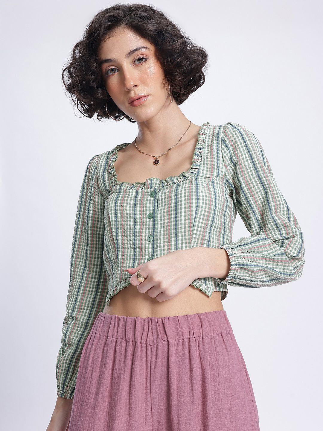 DressBerry Sheer Seersucker Frill Detail Shirt-Style Top