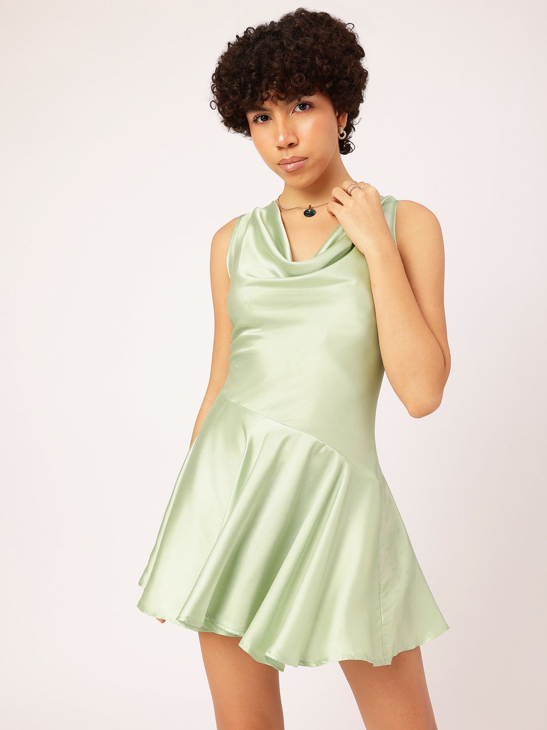 DressBerry Silky Flashback Box Pleats Satin Drop-Waist Mini Dress