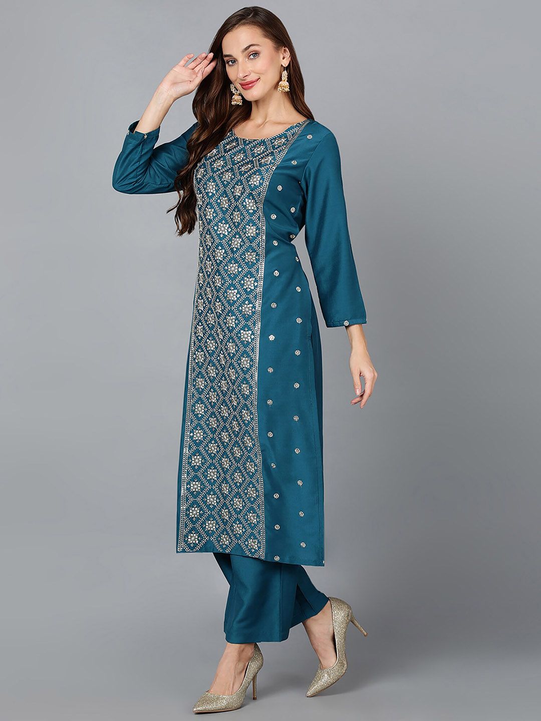 KALINI Ethnic Motifs Sequinned Embroidered Straight Kurta With Trousers & Dupatta