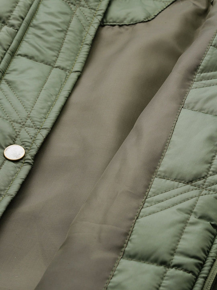 DressBerry Women Olive Green Self Design Quilted Jacket