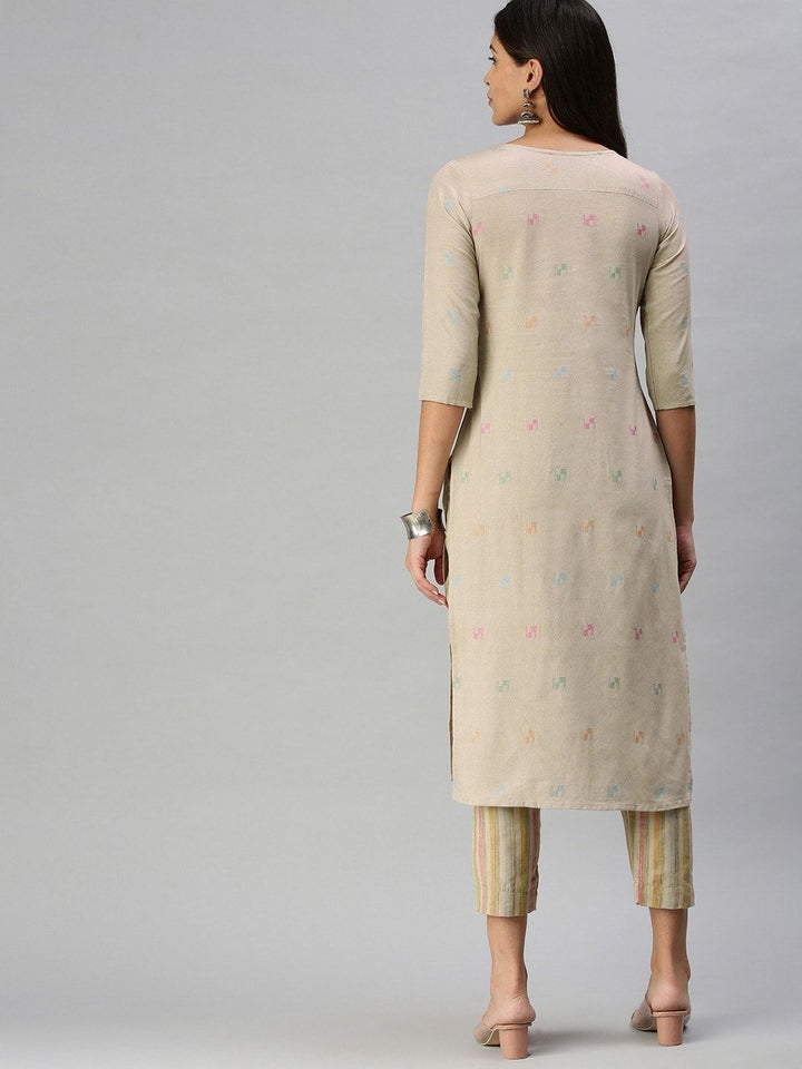 KALINI Geometric Woven Design Mandarin Collar Kurta with Trousers