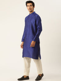 SOJANYA Men Blue Floral Kurta with Churidar & Nehru Jacket