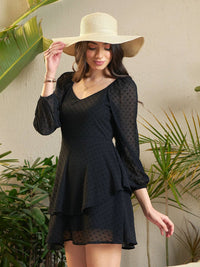 SASSAFRAS Black Self Design Layered Georgette A-Line Dress
