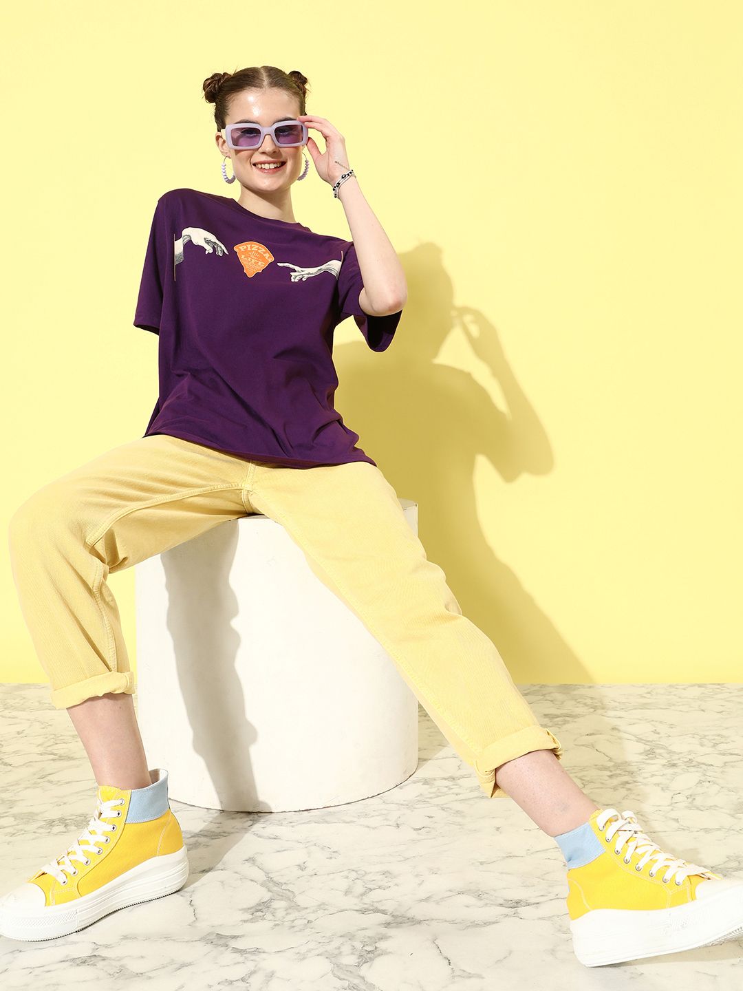 DILLINGER Purple & Yellow Printed Oversized Pure Cotton Longline T-shirt
