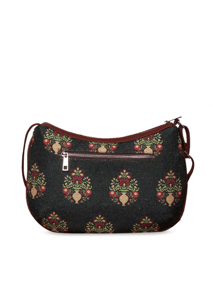 ZOUK Black & Red Ethnic Motifs Printed Half Moon Sling Bag