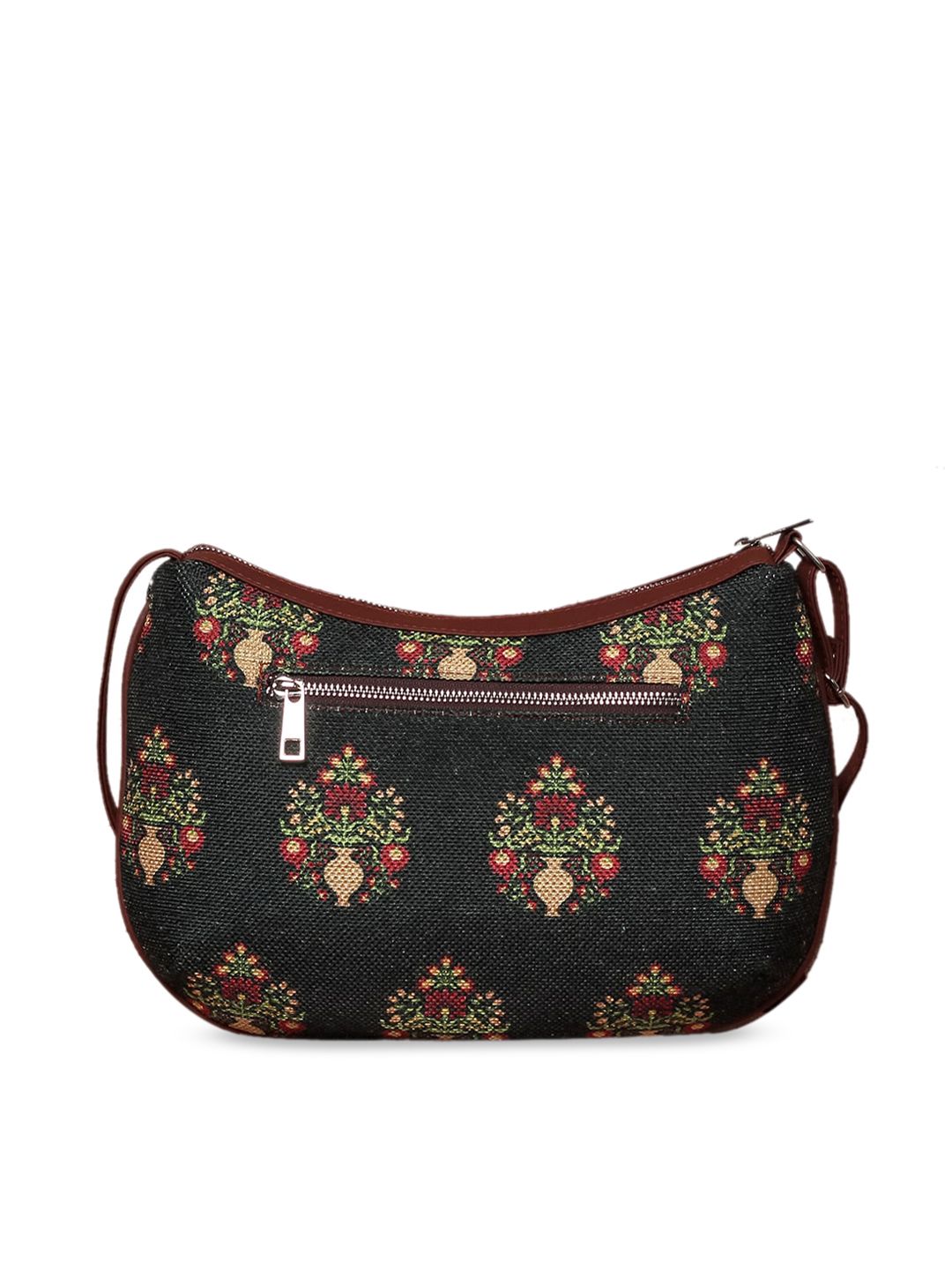 ZOUK Black & Red Ethnic Motifs Printed Half Moon Sling Bag