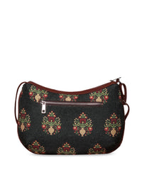 ZOUK Black & Red Ethnic Motifs Printed Half Moon Sling Bag