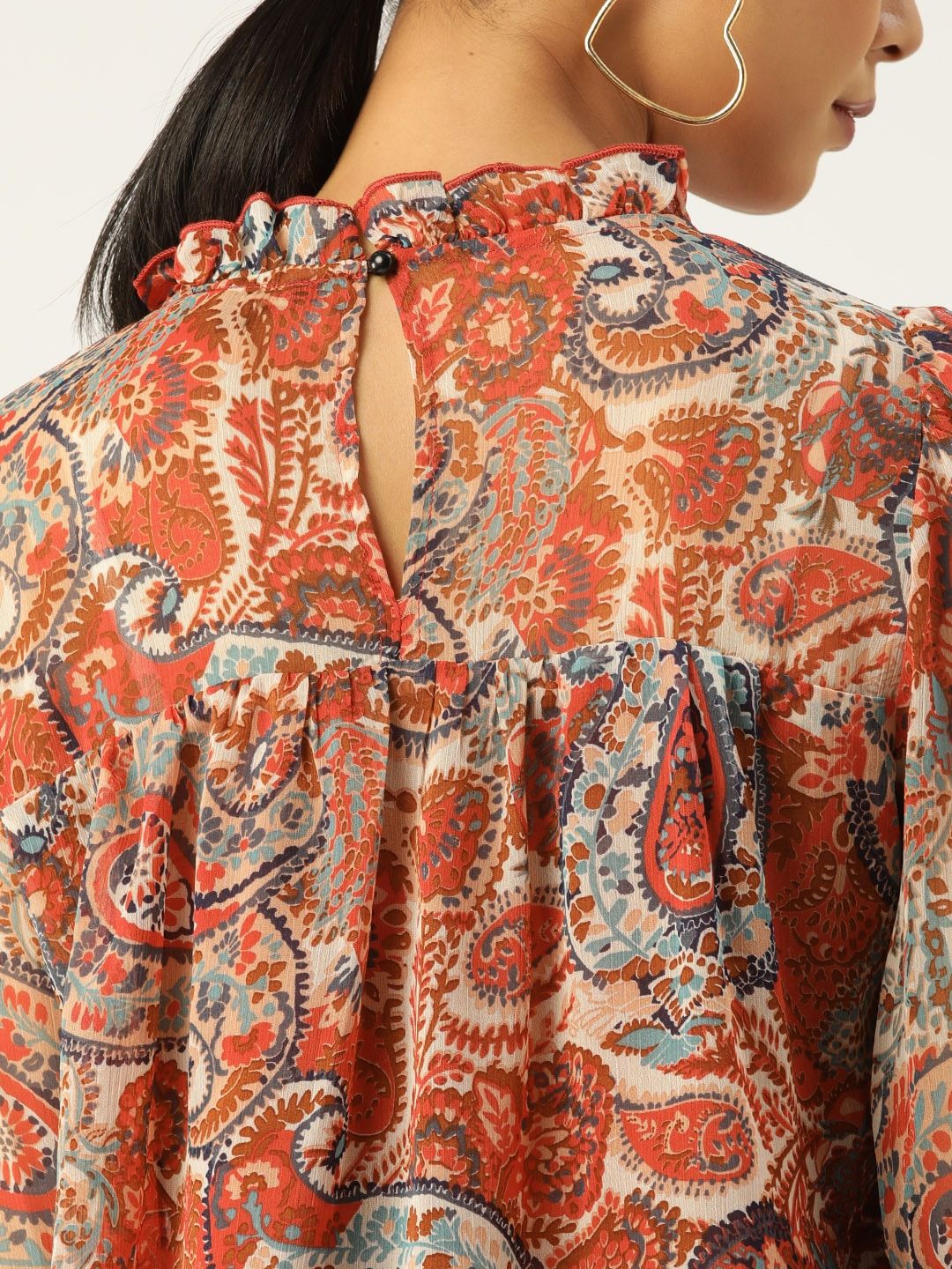 Antheaa Women Rust & Navy Blue Ethnic Motif Print Chiffon Cuffed Sleeves Top