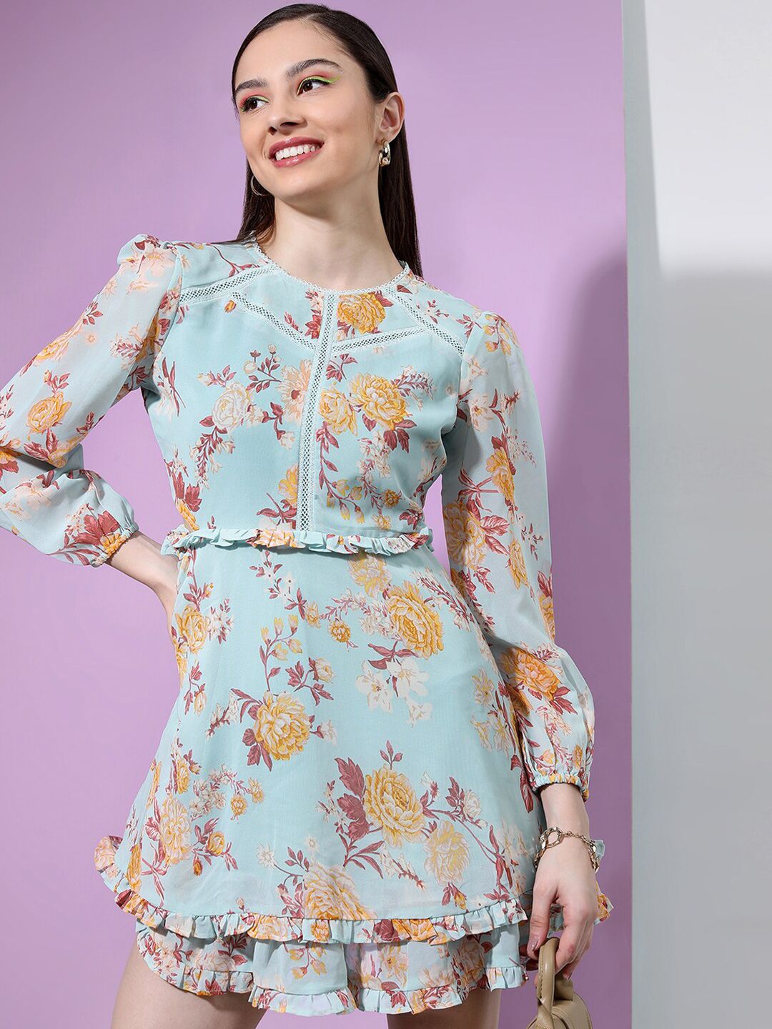 Tokyo Talkies Layered Pleats Floral Printed Puff Sleeve Fit & Flare Dress
