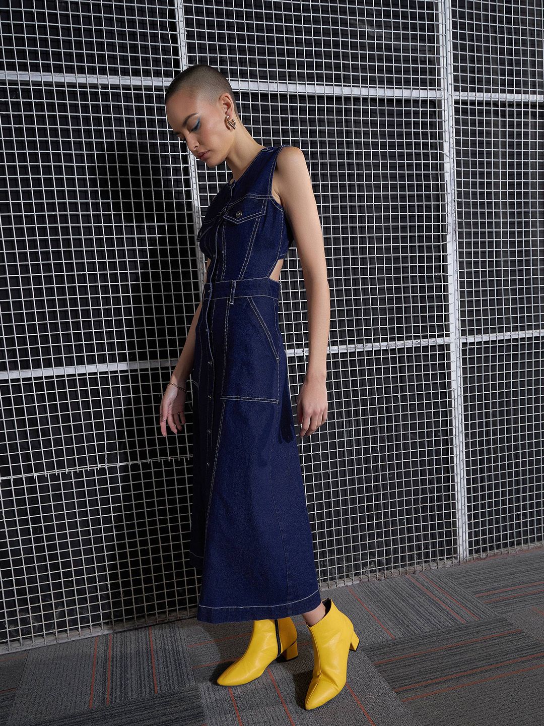 SASSAFRAS Navy Blue Cut-Out Denim A-Line Midi Dress