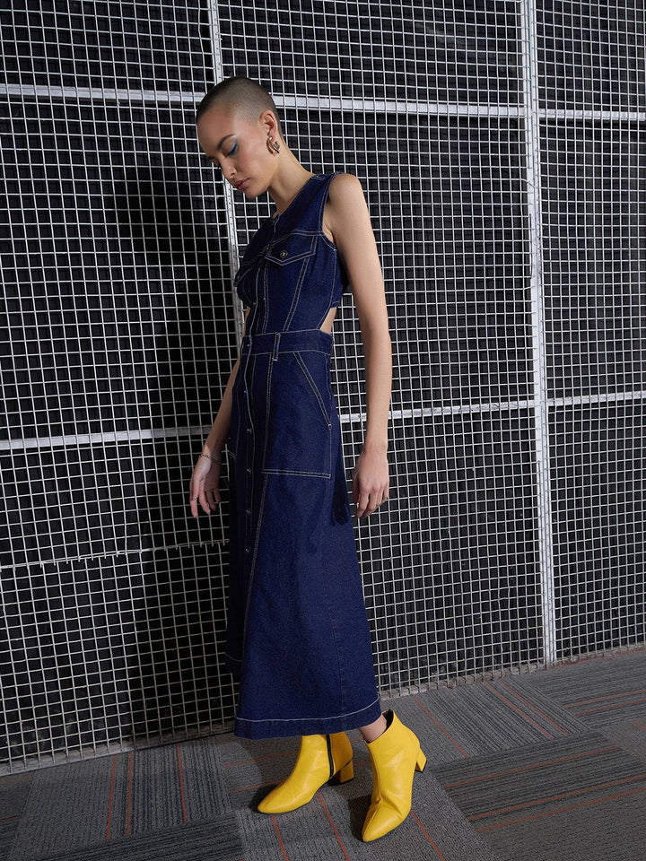 SASSAFRAS Navy Blue Cut-Out Denim A-Line Midi Dress